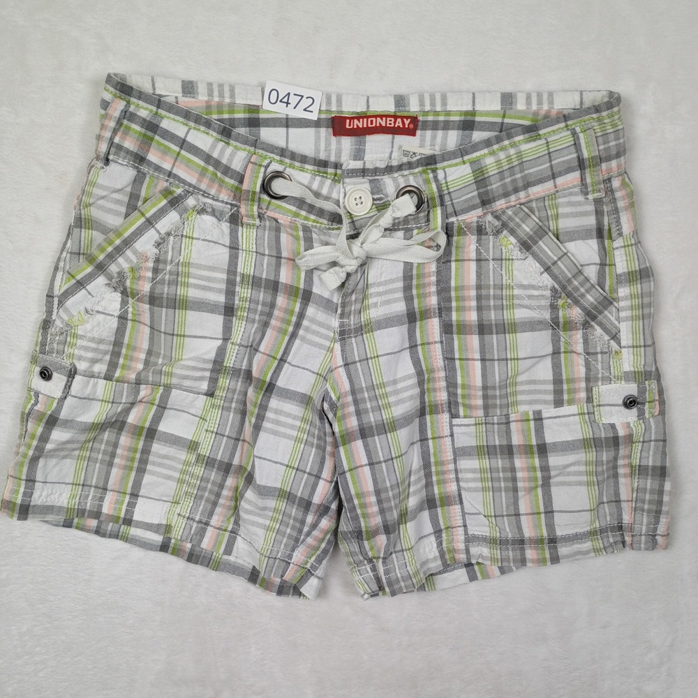 Unionbay Cargo Shorts Womens 3 Green Plaid Drawstring Cotton Y2K Hiking Outdoors